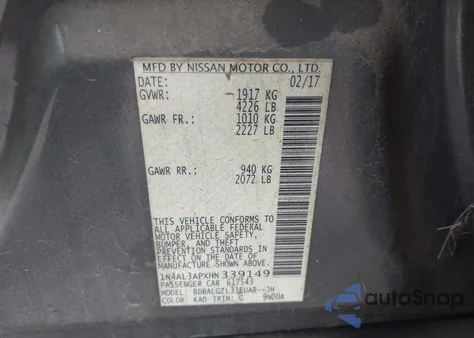 2017 Nissan Altima 2.5 S z USA, uszkodzony, nr VIN 1N4AL3APXHN339149